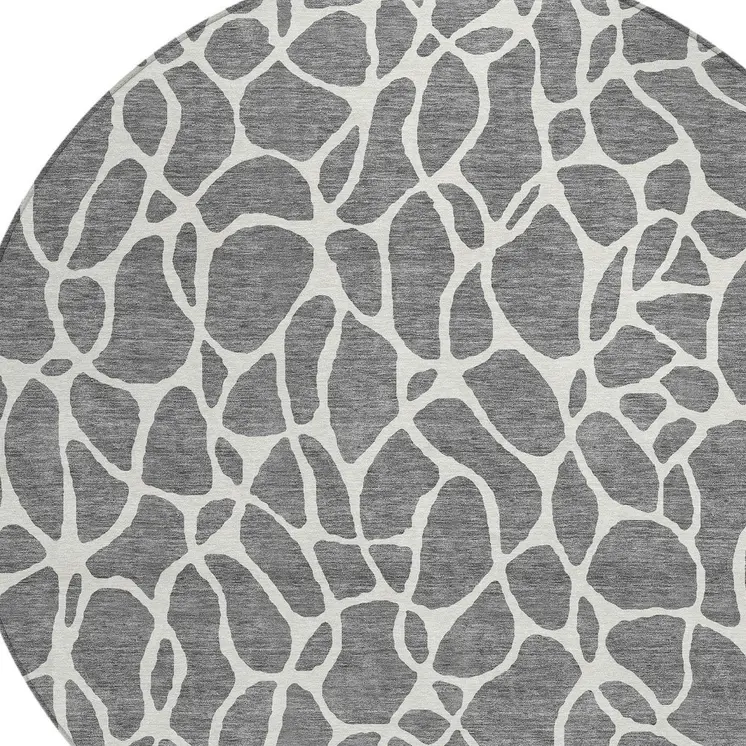 8' Gray And Ivory Round Geometric Washable Indoor Outdoor Area Rug