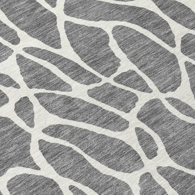8' Gray And Ivory Round Geometric Washable Indoor Outdoor Area Rug