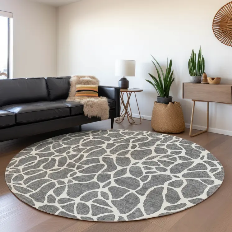 8' Gray And Ivory Round Geometric Washable Indoor Outdoor Area Rug