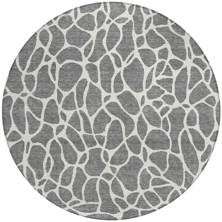 8' Gray And Ivory Round Geometric Washable Indoor Outdoor Area Rug