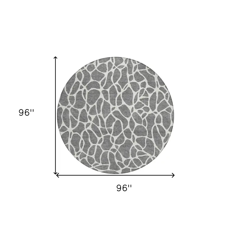 8' Gray And Ivory Round Geometric Washable Indoor Outdoor Area Rug