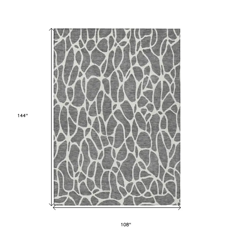 9' X 12' Gray And Ivory Geometric Washable Indoor Outdoor Area Rug