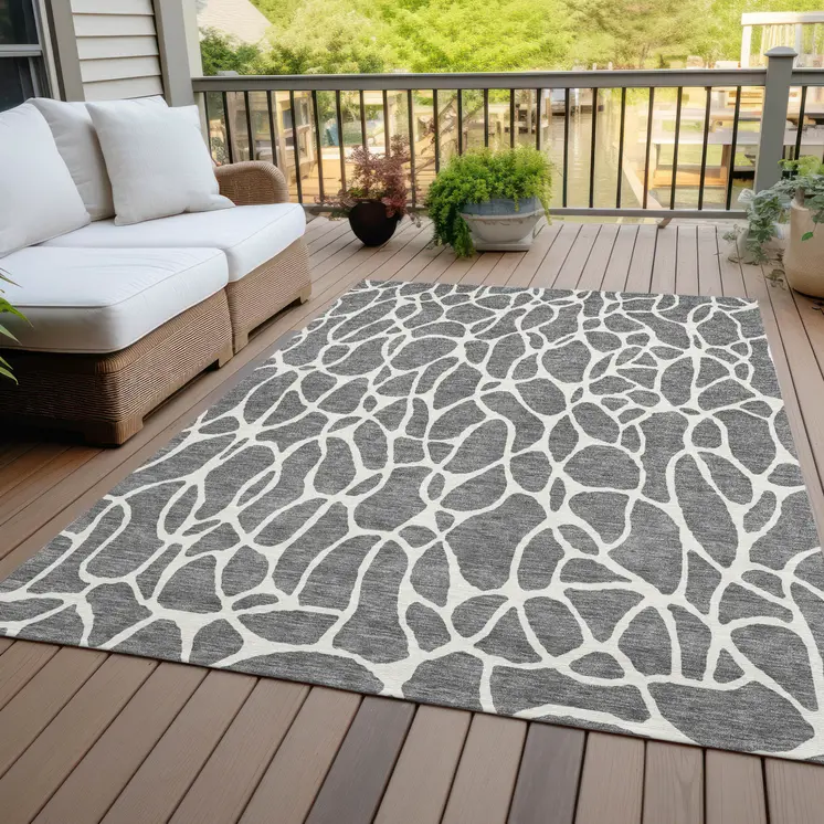 9' X 12' Gray And Ivory Geometric Washable Indoor Outdoor Area Rug