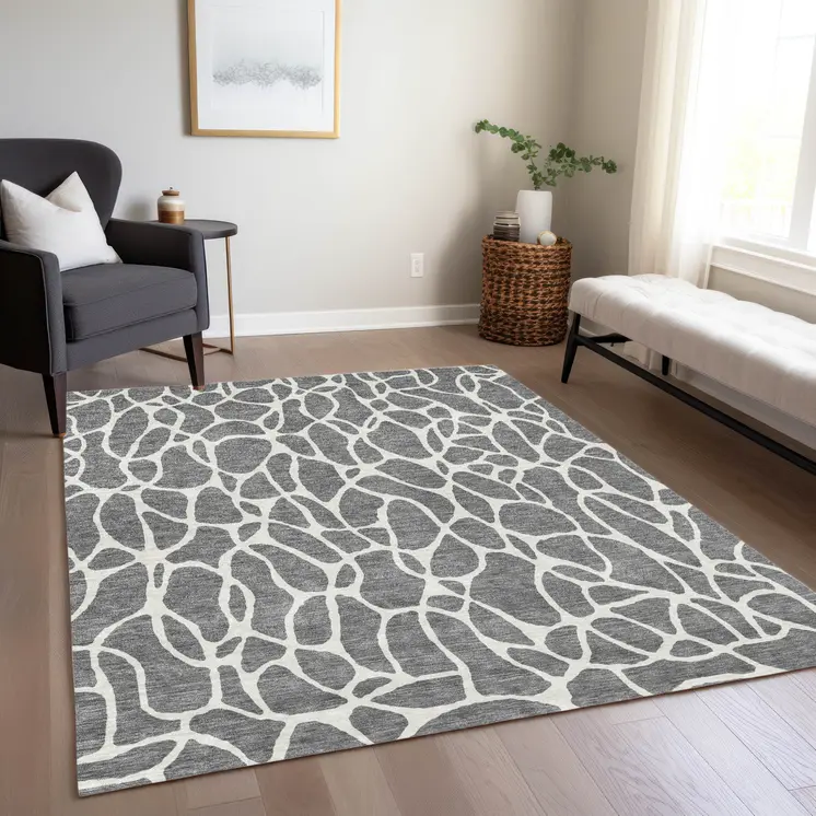 9' X 12' Gray And Ivory Geometric Washable Indoor Outdoor Area Rug