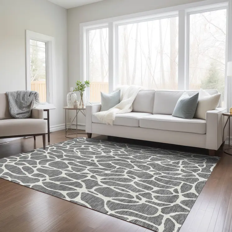 9' X 12' Gray And Ivory Geometric Washable Indoor Outdoor Area Rug