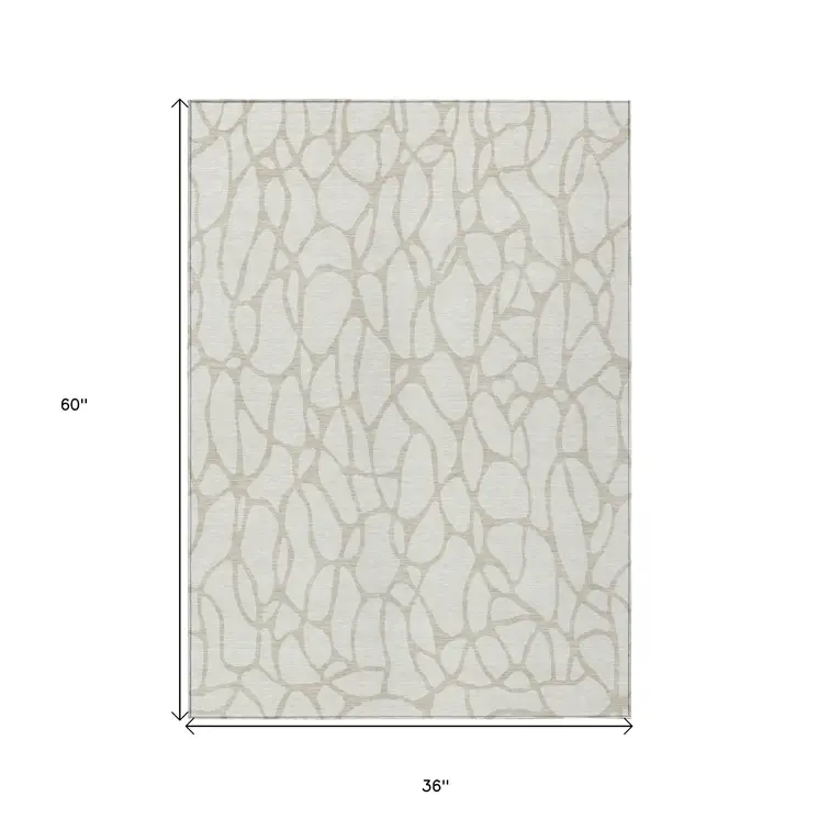 3' X 5' Ivory And Beige Geometric Washable Indoor Outdoor Area Rug