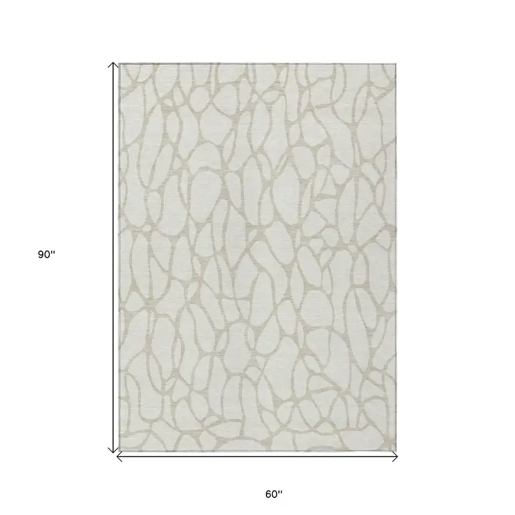 5' X 8' Ivory And Beige Geometric Washable Indoor Outdoor Area Rug