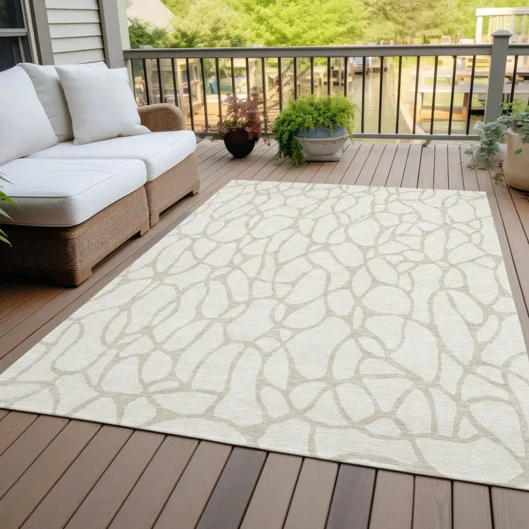 5' X 8' Ivory And Beige Geometric Washable Indoor Outdoor Area Rug
