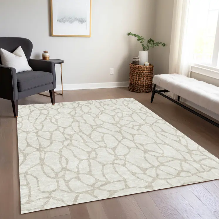 5' X 8' Ivory And Beige Geometric Washable Indoor Outdoor Area Rug