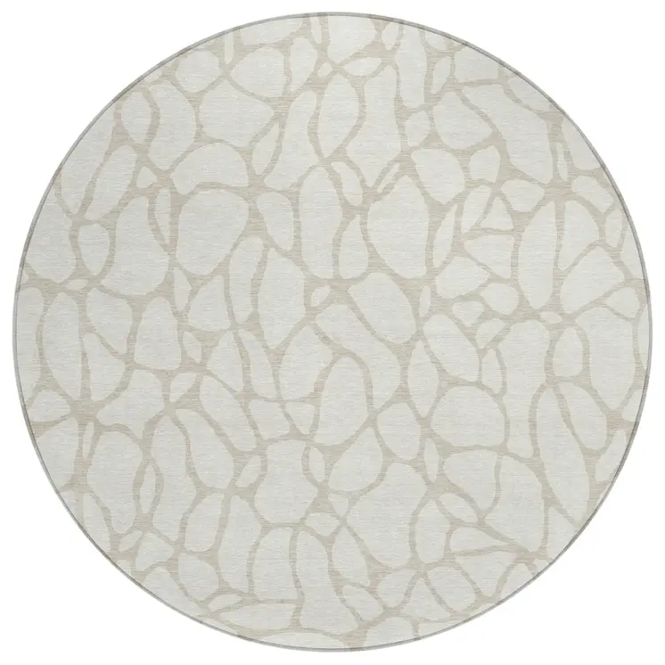 8' Ivory And Beige Round Geometric Washable Indoor Outdoor Area Rug
