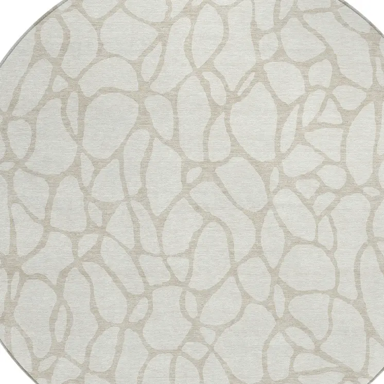 8' Ivory And Beige Round Geometric Washable Indoor Outdoor Area Rug
