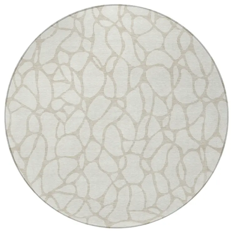 8' Ivory And Beige Round Geometric Washable Indoor Outdoor Area Rug
