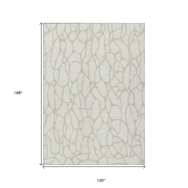 10' X 14' Ivory And Beige Geometric Washable Indoor Outdoor Area Rug