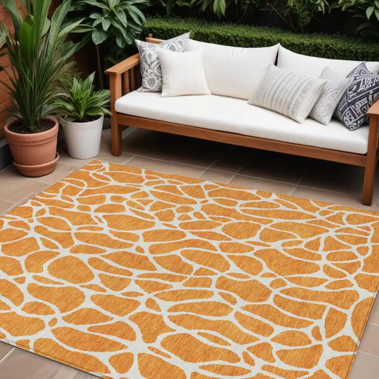 9' X 12' Orange And Ivory Geometric Washable Indoor Outdoor Area Rug
