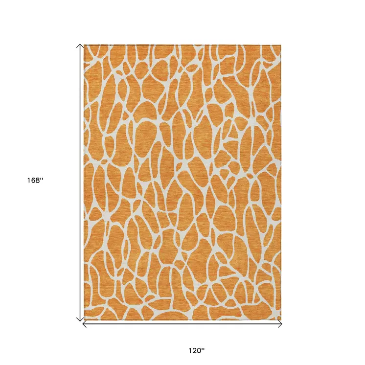 10' X 14' Orange And Ivory Geometric Washable Indoor Outdoor Area Rug
