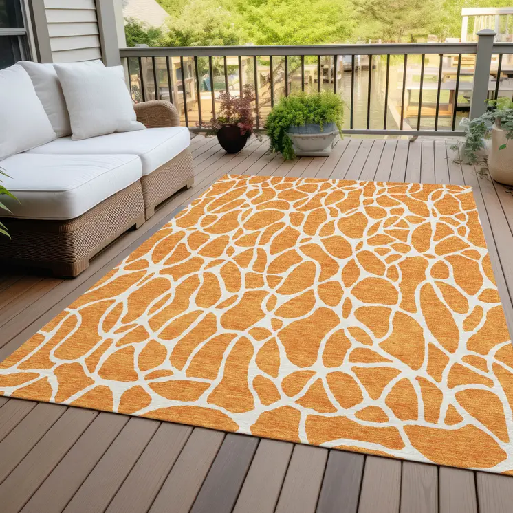 10' X 14' Orange And Ivory Geometric Washable Indoor Outdoor Area Rug