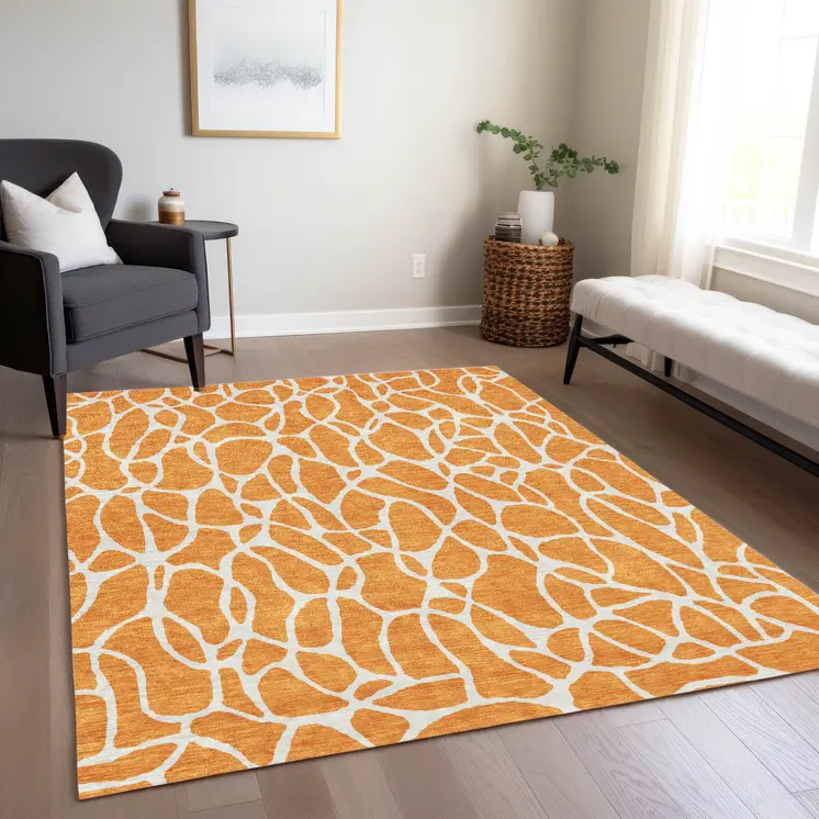10' X 14' Orange And Ivory Geometric Washable Indoor Outdoor Area Rug
