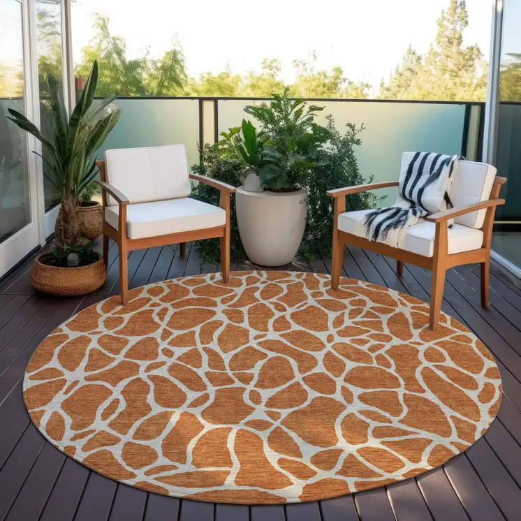 8' Brown And Beige Round Geometric Washable Indoor Outdoor Area Rug