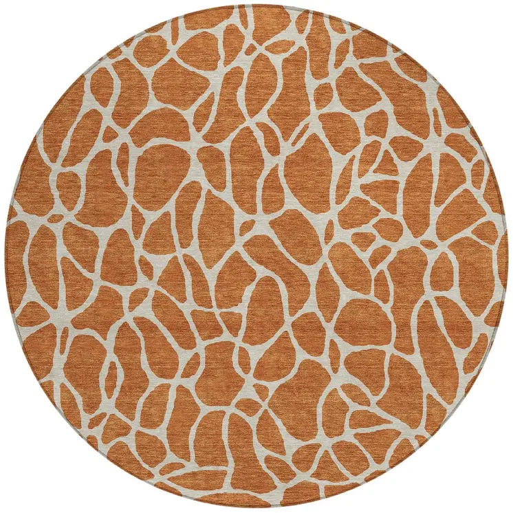 8' Brown And Beige Round Geometric Washable Indoor Outdoor Area Rug