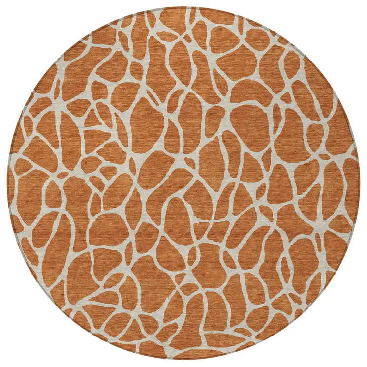 8' Brown And Beige Round Geometric Washable Indoor Outdoor Area Rug
