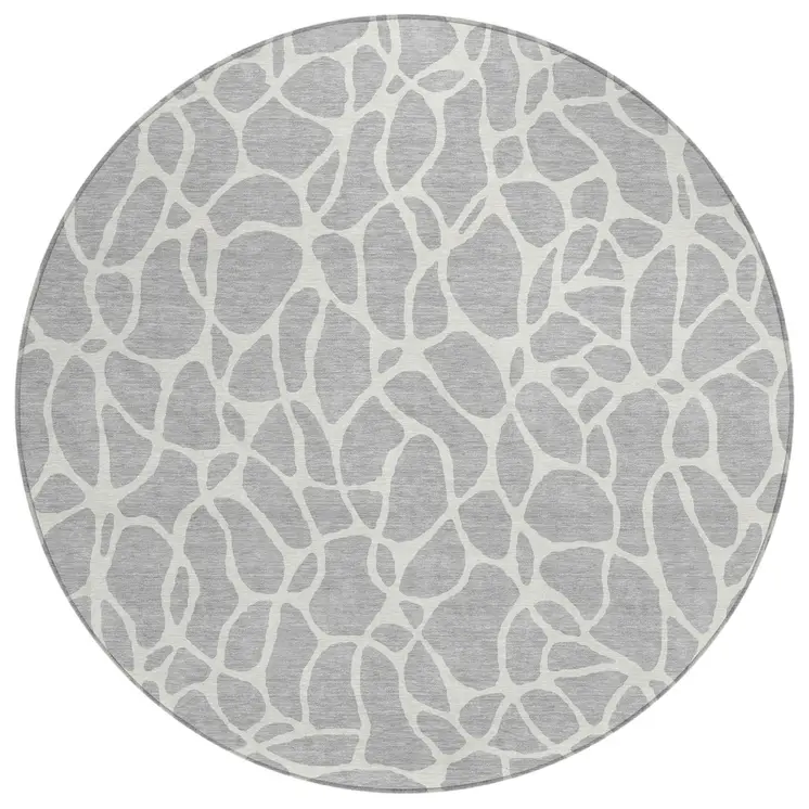 8' Silver And Ivory Round Geometric Washable Indoor Outdoor Area Rug