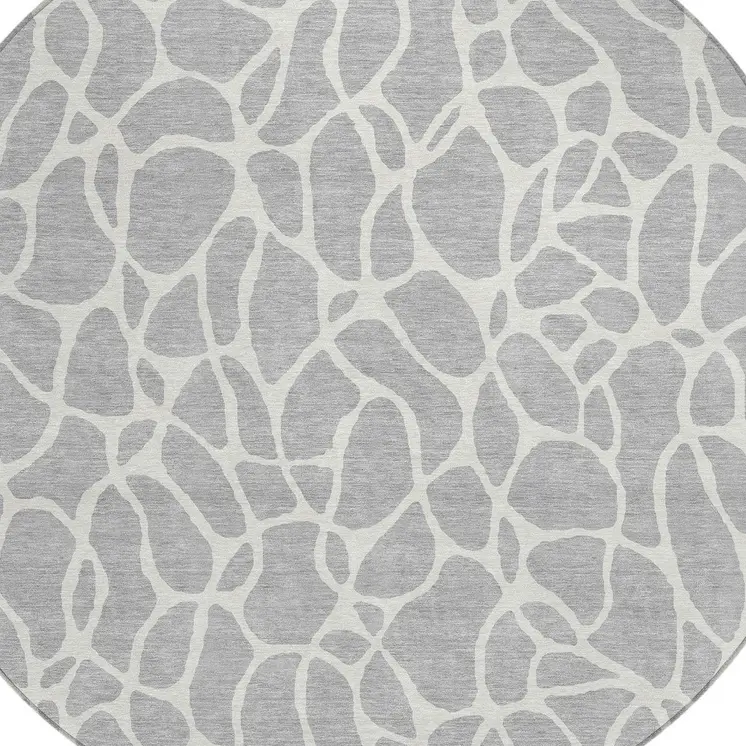 8' Silver And Ivory Round Geometric Washable Indoor Outdoor Area Rug
