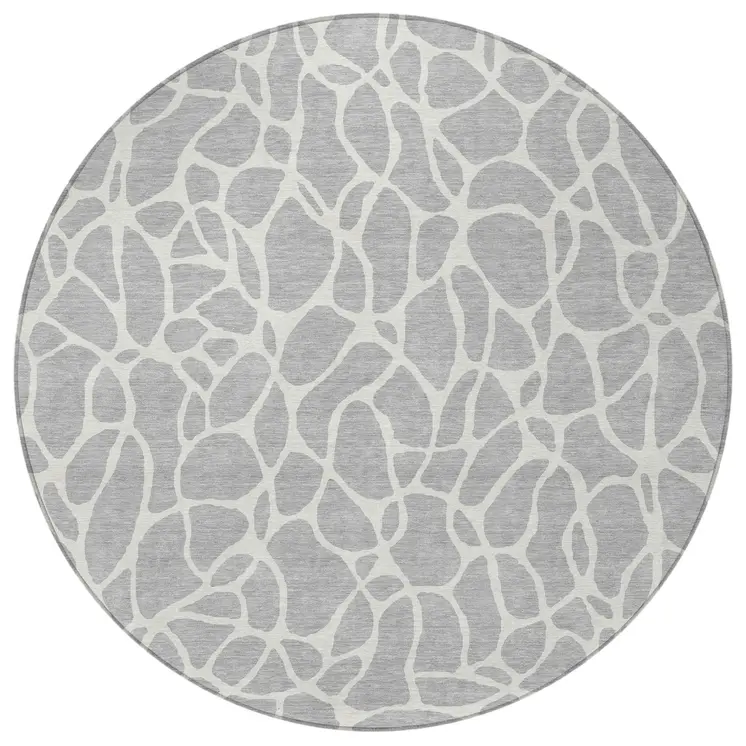 8' Silver And Ivory Round Geometric Washable Indoor Outdoor Area Rug