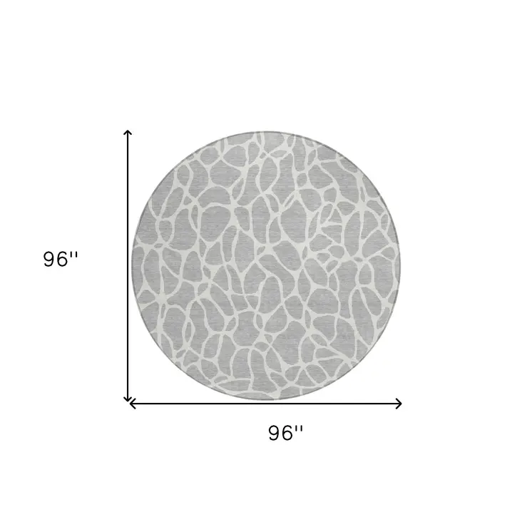 8' Silver And Ivory Round Geometric Washable Indoor Outdoor Area Rug