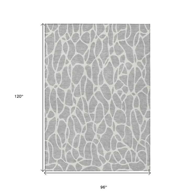 8' X 10' Silver And Ivory Geometric Washable Indoor Outdoor Area Rug