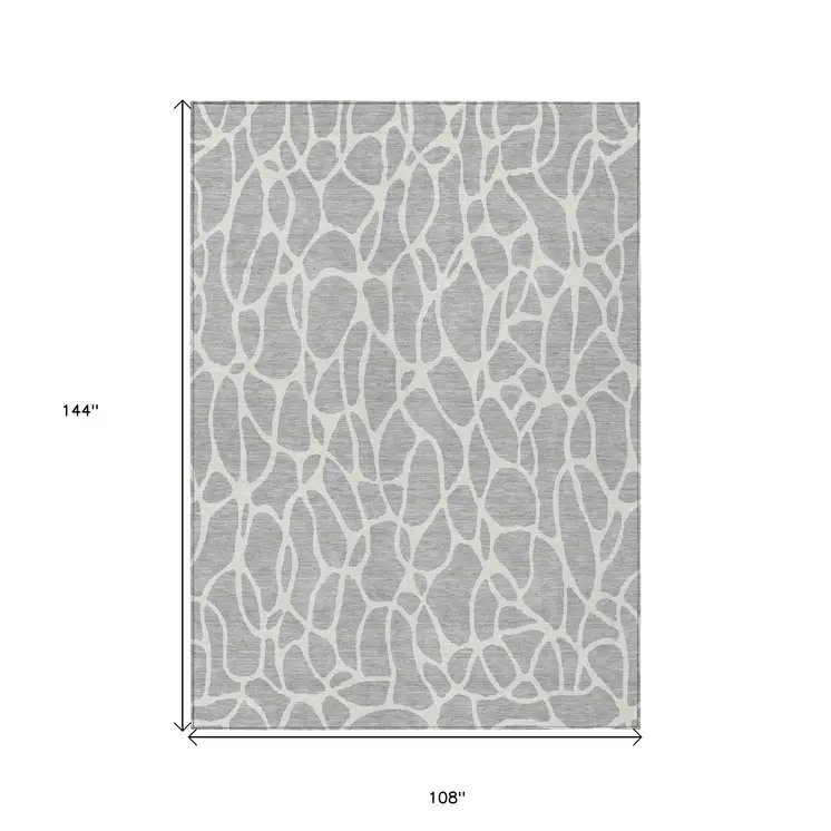 9' X 12' Silver And Ivory Geometric Washable Indoor Outdoor Area Rug