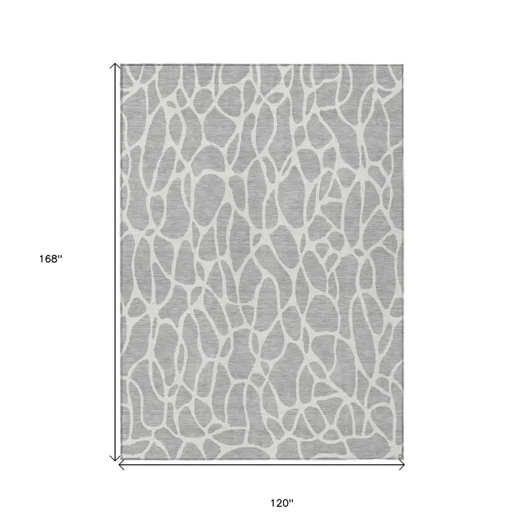 10' X 14' Silver And Ivory Geometric Washable Indoor Outdoor Area Rug