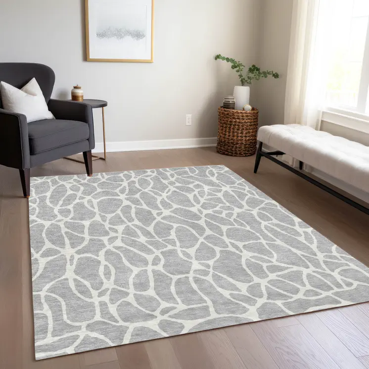 10' X 14' Silver And Ivory Geometric Washable Indoor Outdoor Area Rug