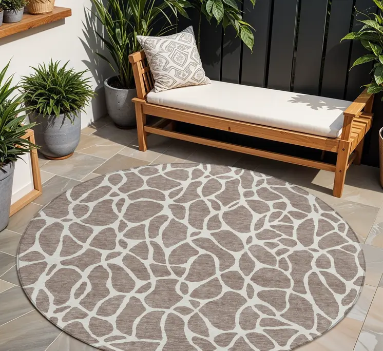 8' Taupe And Ivory Round Geometric Washable Indoor Outdoor Area Rug