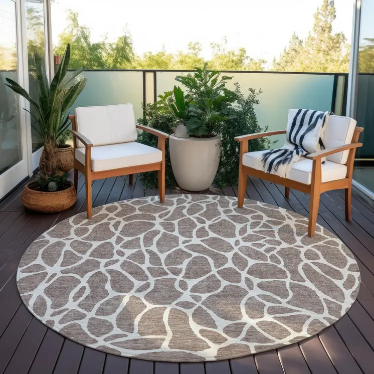 8' Taupe And Ivory Round Geometric Washable Indoor Outdoor Area Rug