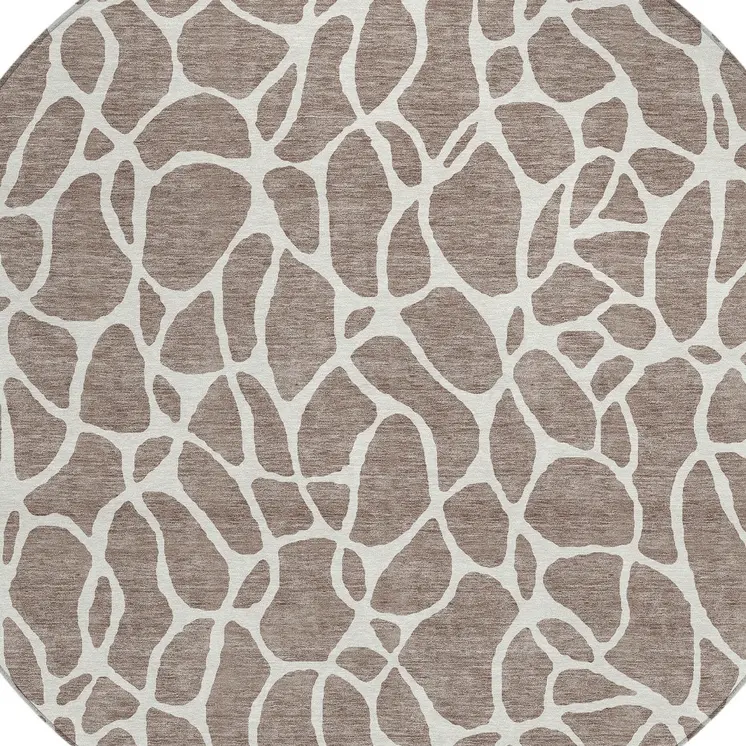 8' Taupe And Ivory Round Geometric Washable Indoor Outdoor Area Rug
