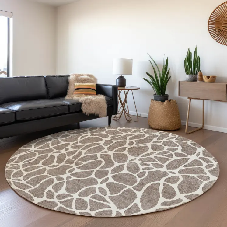 8' Taupe And Ivory Round Geometric Washable Indoor Outdoor Area Rug