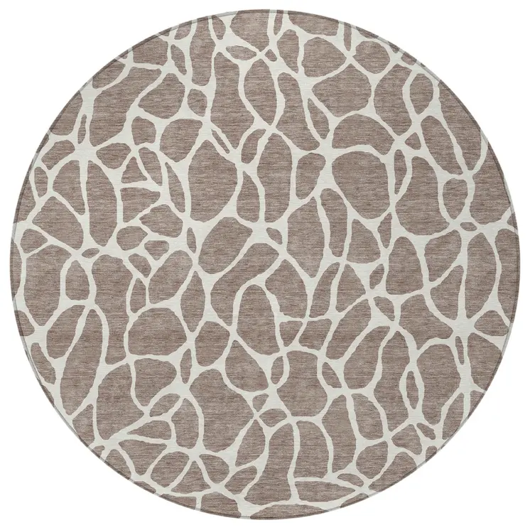 8' Taupe And Ivory Round Geometric Washable Indoor Outdoor Area Rug