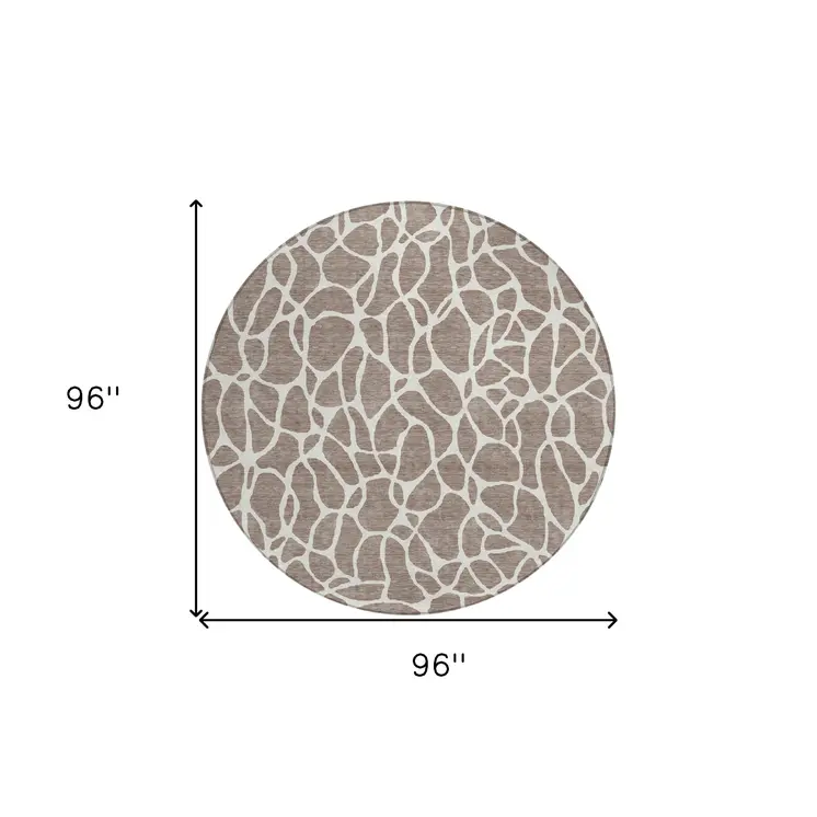 8' Taupe And Ivory Round Geometric Washable Indoor Outdoor Area Rug