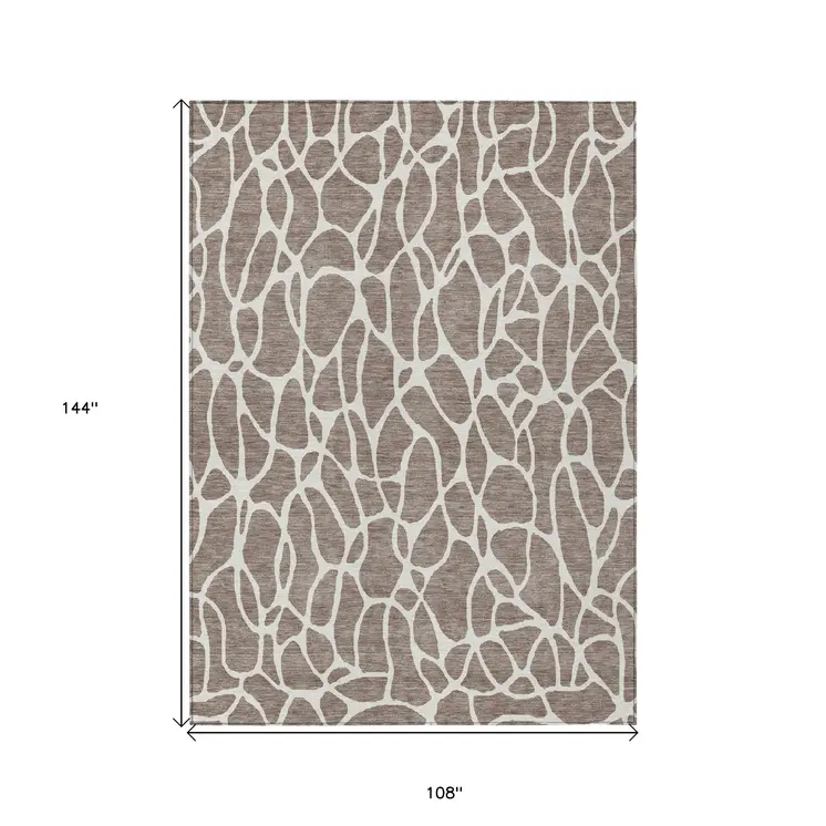 9' X 12' Taupe And Ivory Geometric Washable Indoor Outdoor Area Rug