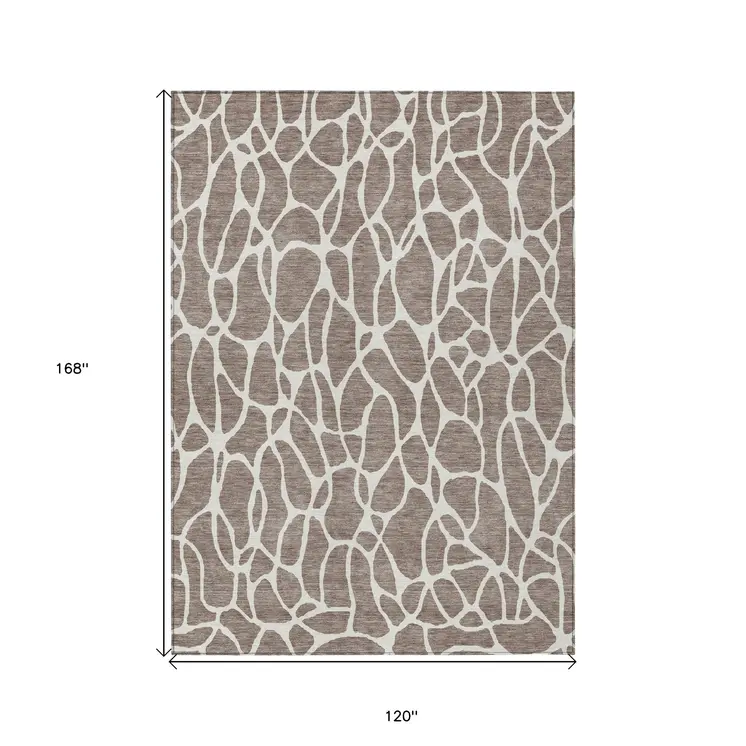 10' X 14' Taupe And Ivory Geometric Washable Indoor Outdoor Area Rug