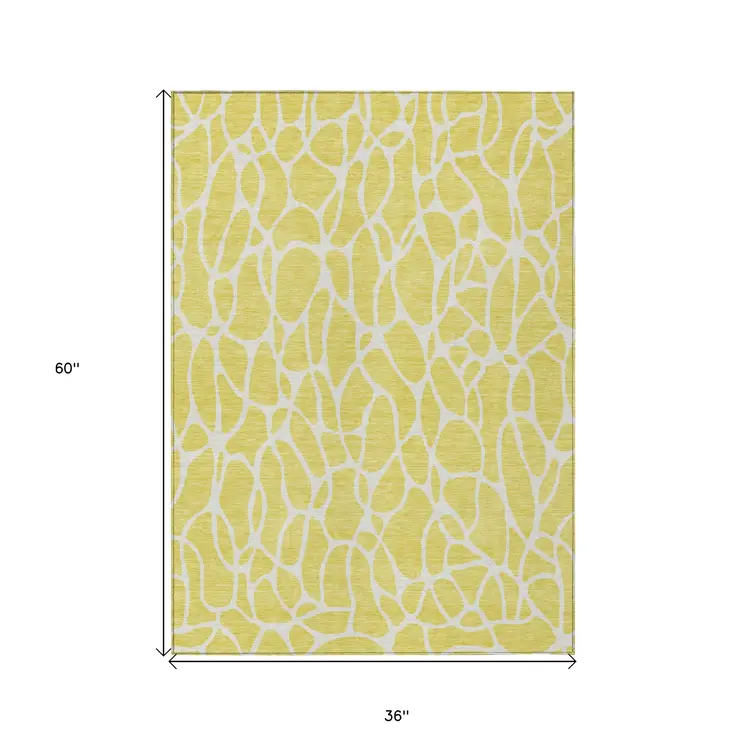 3' X 5' Yellow And Ivory Geometric Washable Indoor Outdoor Area Rug