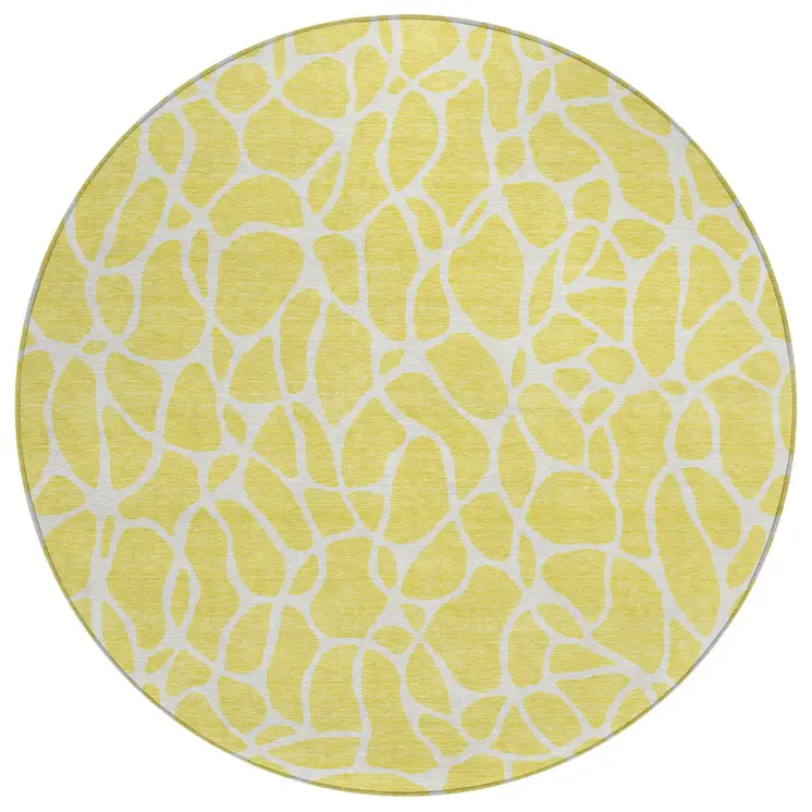 8' Yellow And Ivory Round Geometric Washable Indoor Outdoor Area Rug