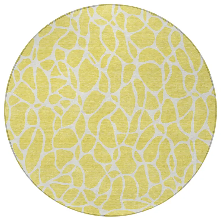 8' Yellow And Ivory Round Geometric Washable Indoor Outdoor Area Rug