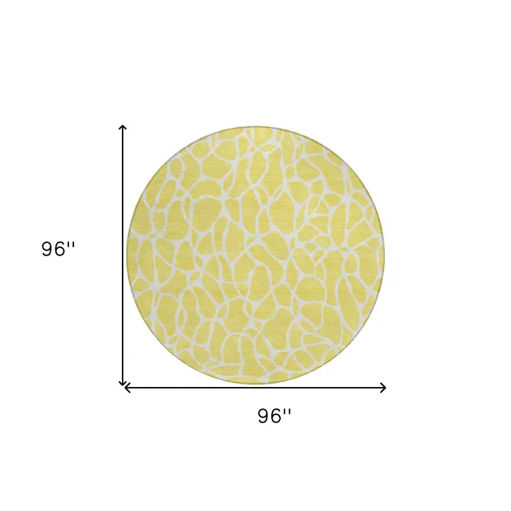 8' Yellow And Ivory Round Geometric Washable Indoor Outdoor Area Rug