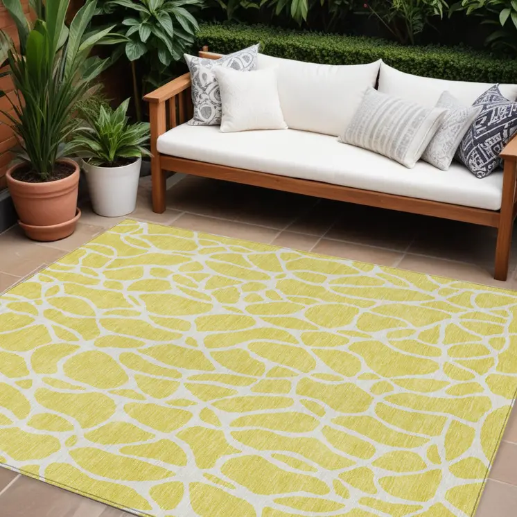 10' X 14' Yellow And Ivory Geometric Washable Indoor Outdoor Area Rug