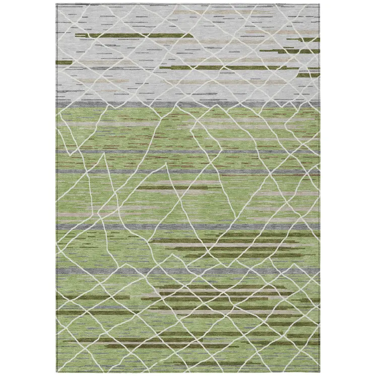 3' X 5' Artichoke Green And Ivory Striped Washable Indoor Outdoor Area Rug