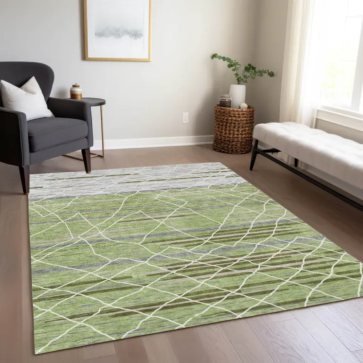 3' X 5' Artichoke Green And Ivory Striped Washable Indoor Outdoor Area Rug