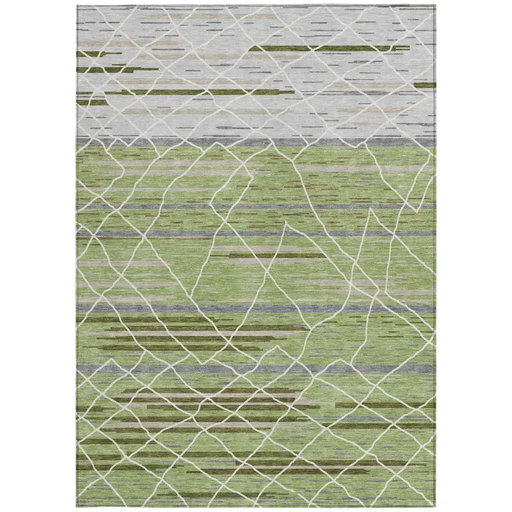 5' X 8' Artichoke Green And Ivory Striped Washable Indoor Outdoor Area Rug
