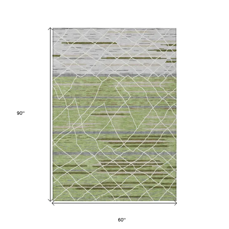 5' X 8' Artichoke Green And Ivory Striped Washable Indoor Outdoor Area Rug