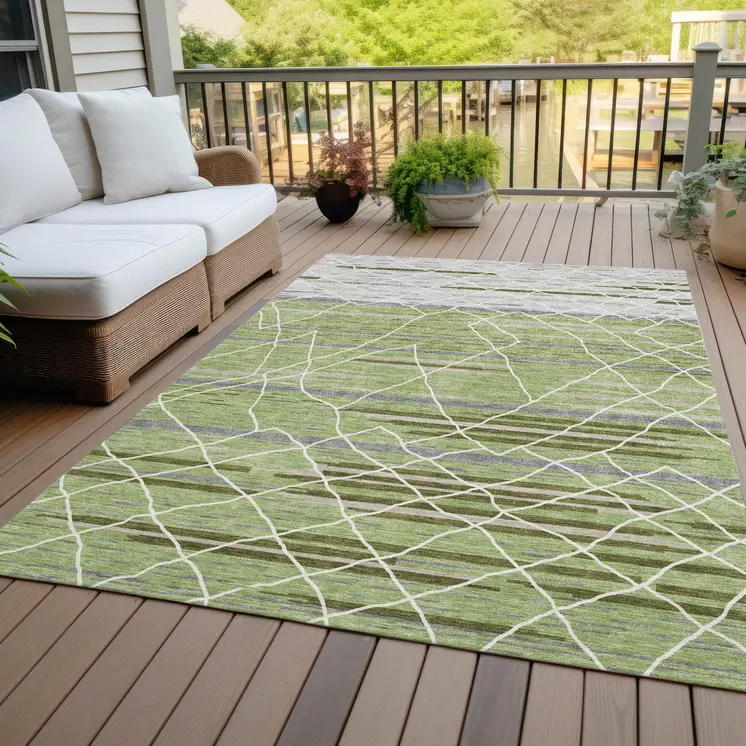 5' X 8' Artichoke Green And Ivory Striped Washable Indoor Outdoor Area Rug